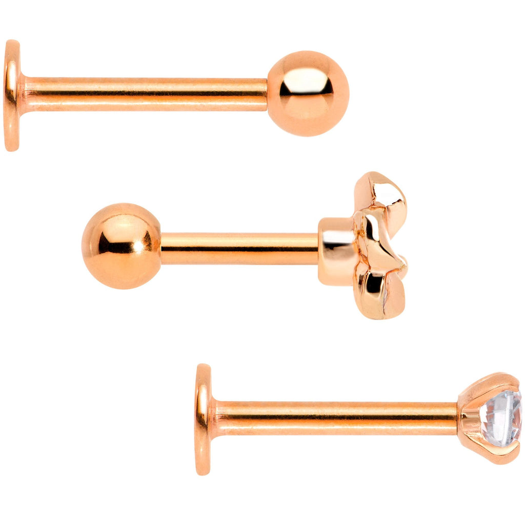 16G 1/4 Clear Gem Rose Gold Tone Deco Cartilage Tragus Set of 3