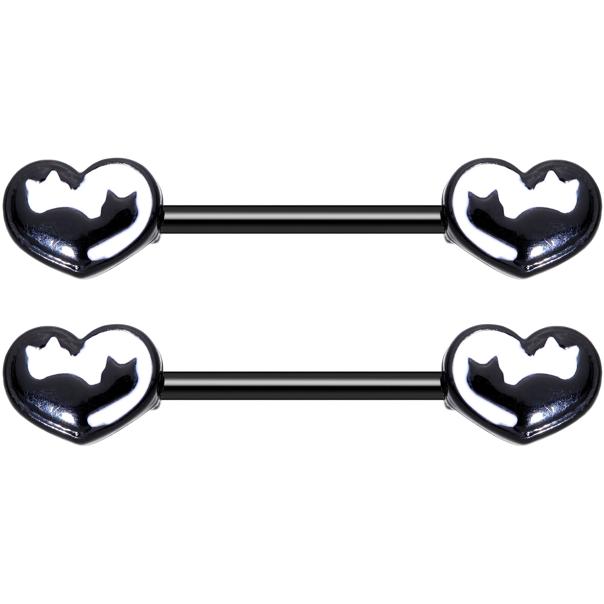 14G 9/16 Black White Silhouette Cat Lover Barbell Nipple Ring Set