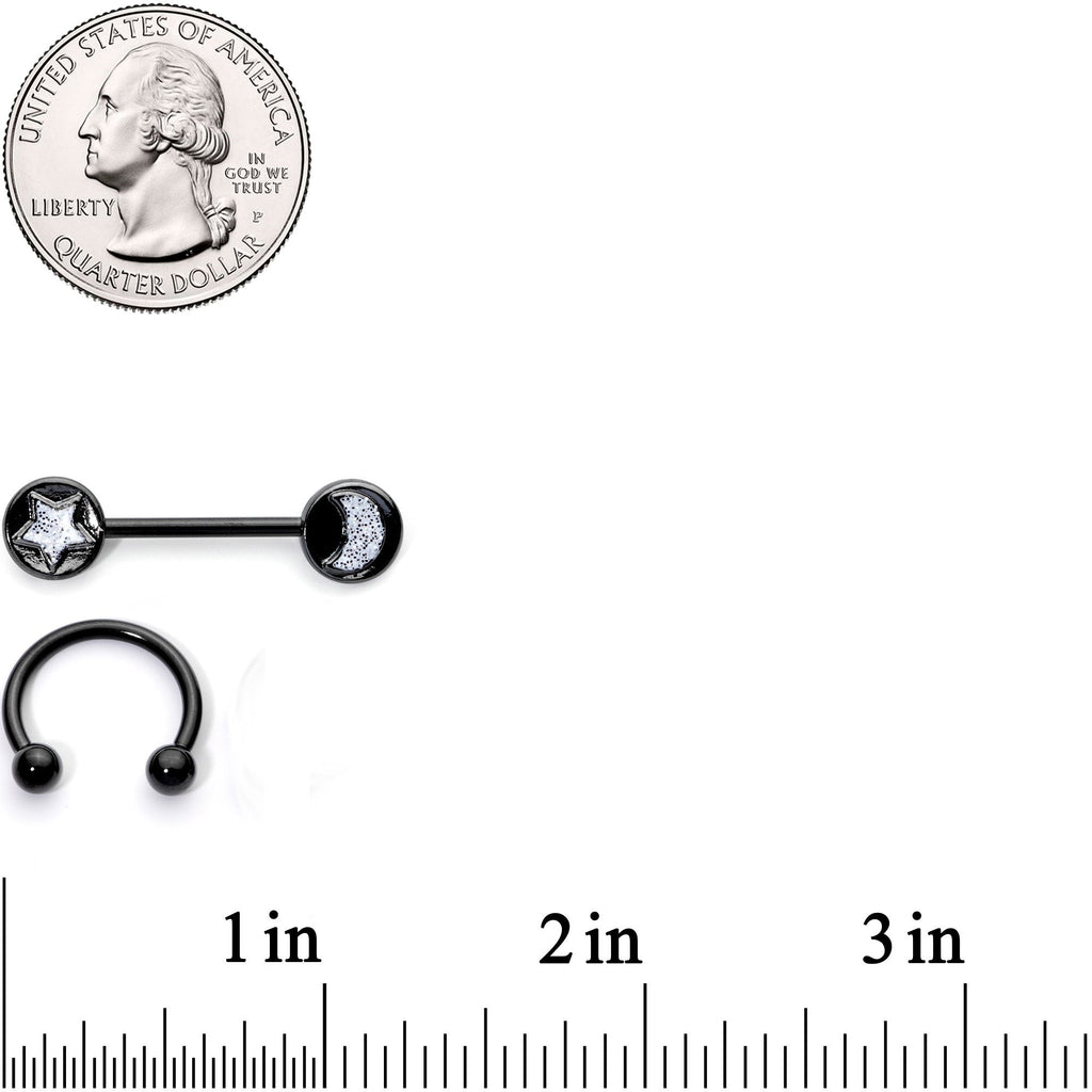 14G 9/16 1/2 Black Moon Star Horseshoe Barbell Nipple Ring Set