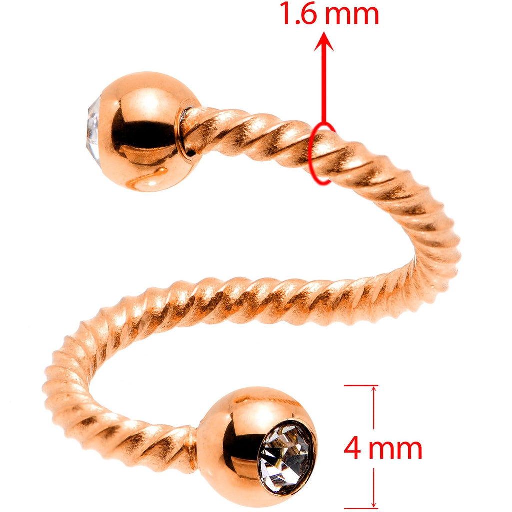 14G 3/8 Clear Gem Rose Gold Tone Twist Spiral Twister Belly Ring