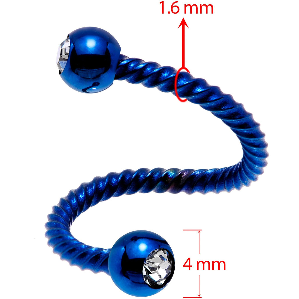 14G 3/8 Clear Gem Blue Twist Spiral Twister Belly Ring