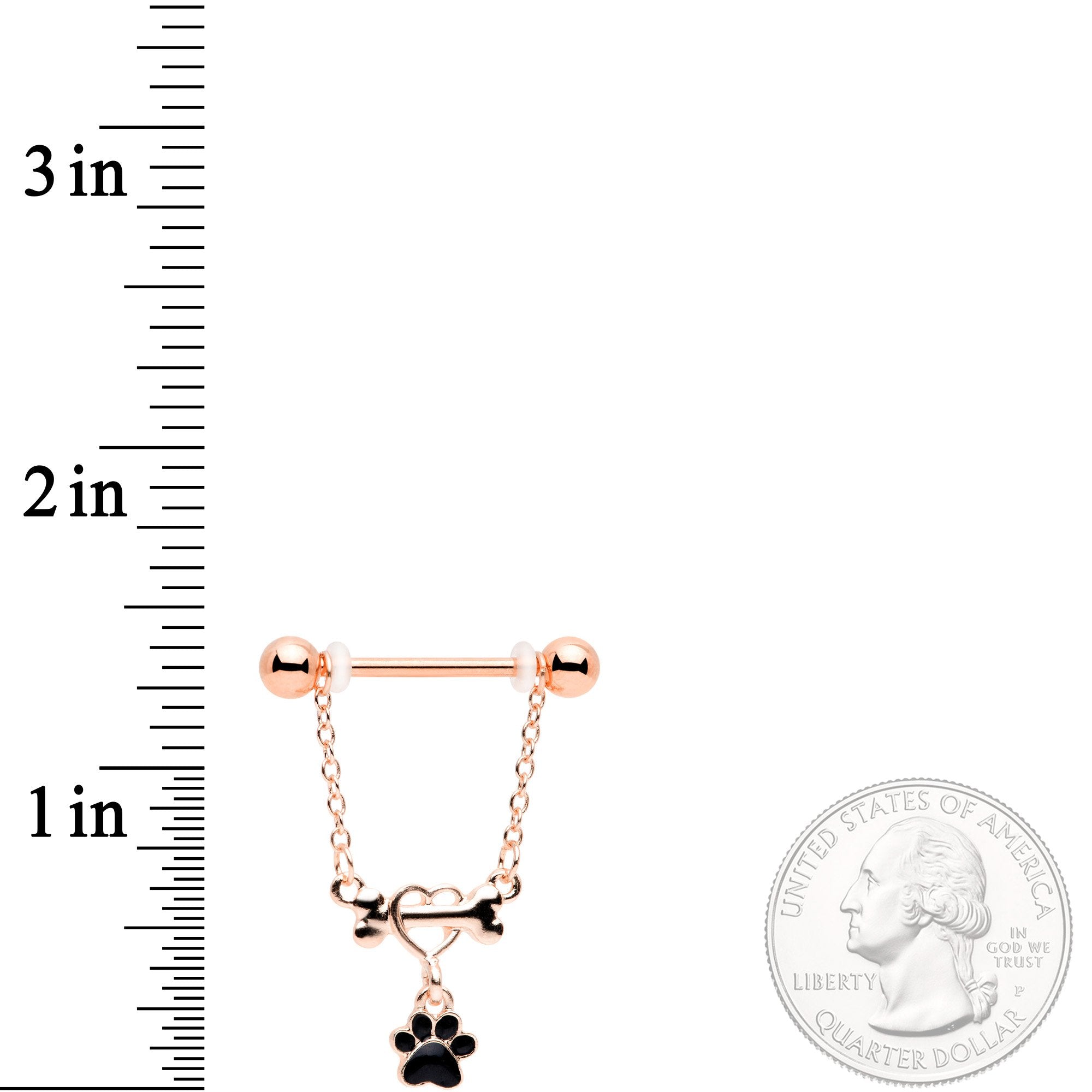14G Rose Gold Tone Love My Dog Paw Print Dangle Nipple Ring Set