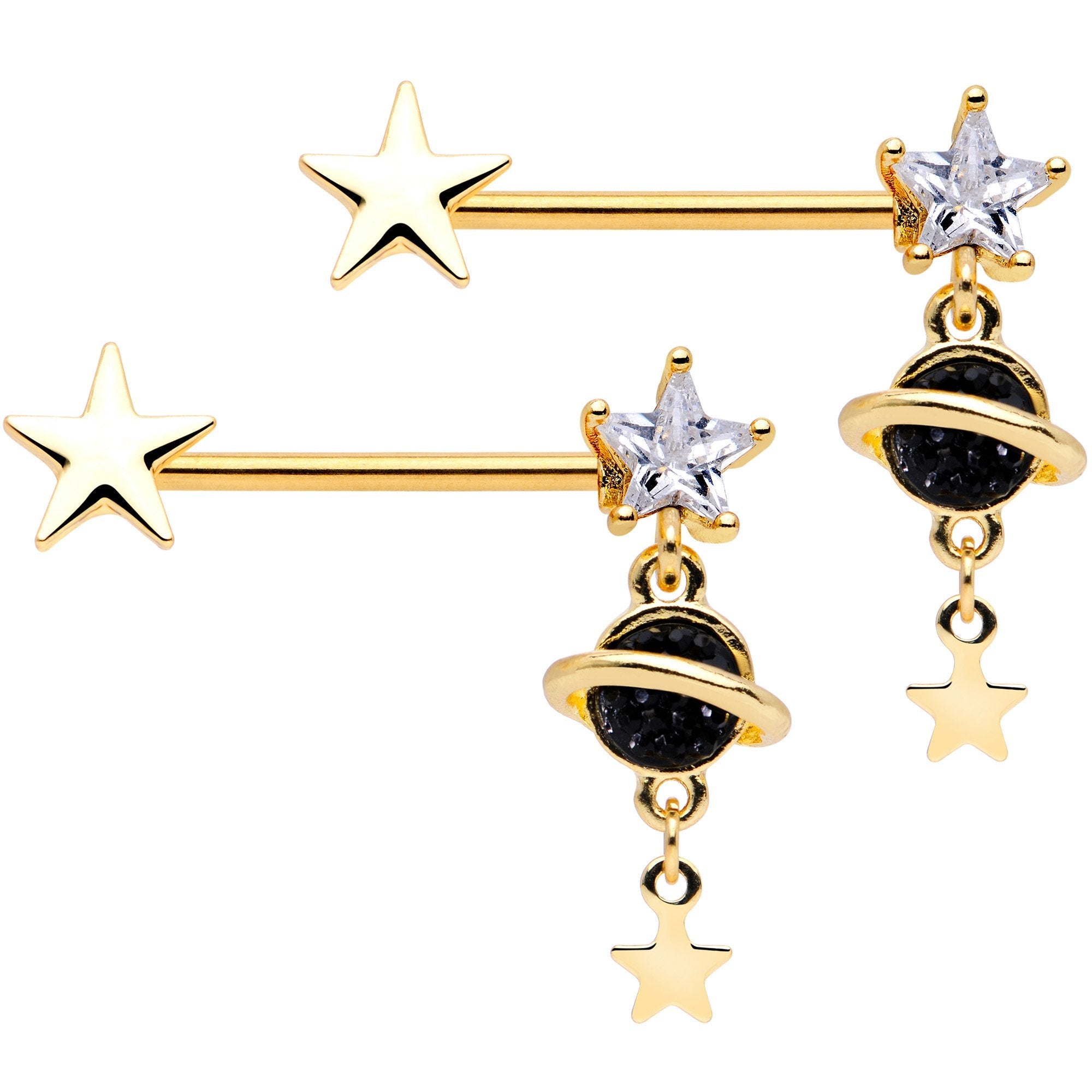 14G 9/16 Clear CZ Gem Gold Tone Saturn Barbell Nipple Ring Set