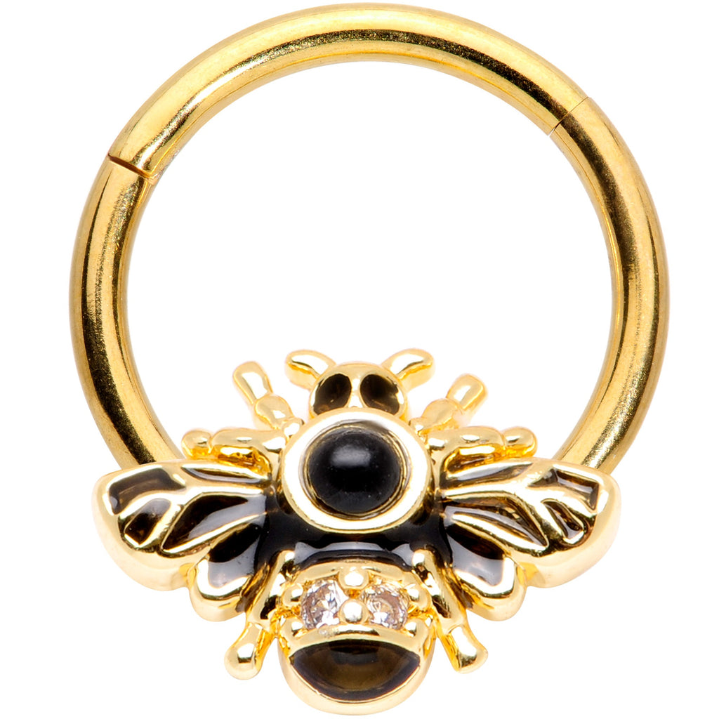 16G 3/8 Clear Gem Gold Tone Insect Bee Hinged Segment Ring
