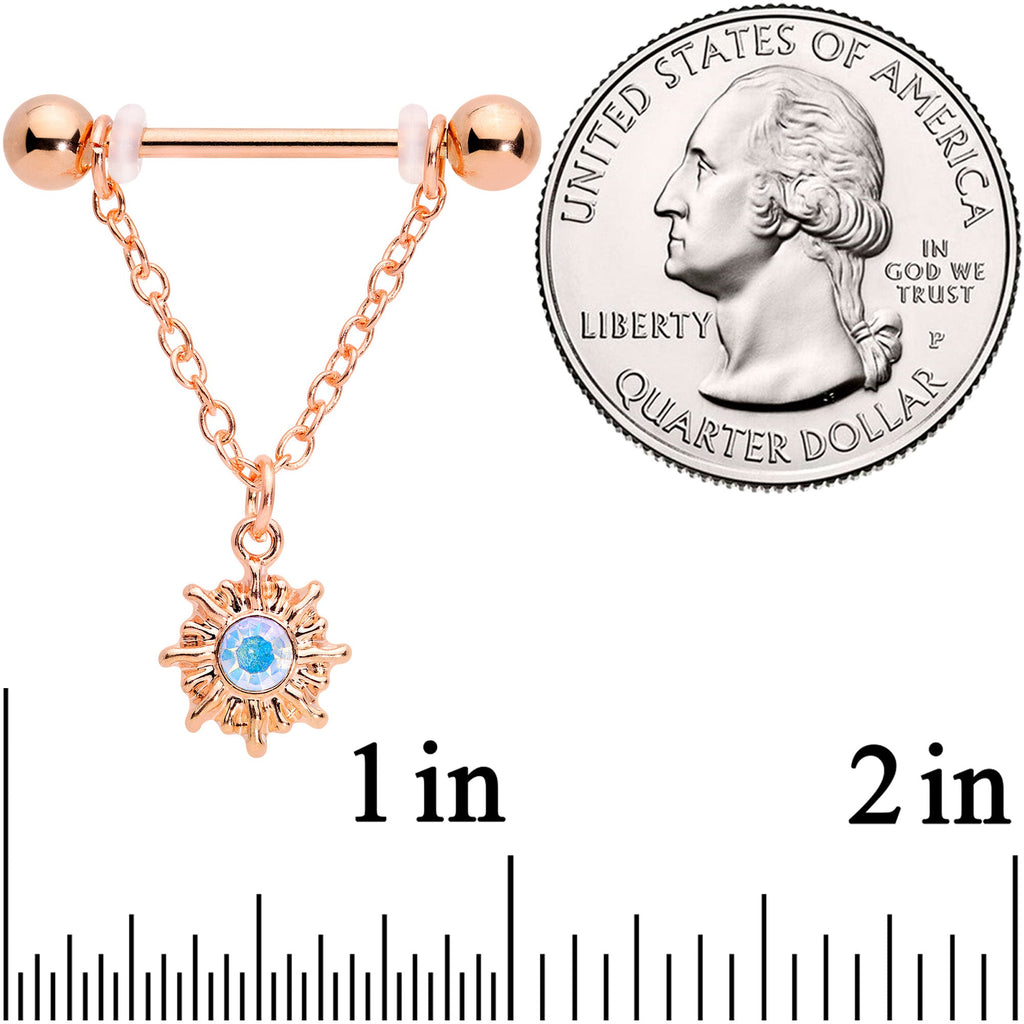 14G 5/8 Aurora Gem Rose Gold Tone Moon Sun Dangle Nipple Ring Set