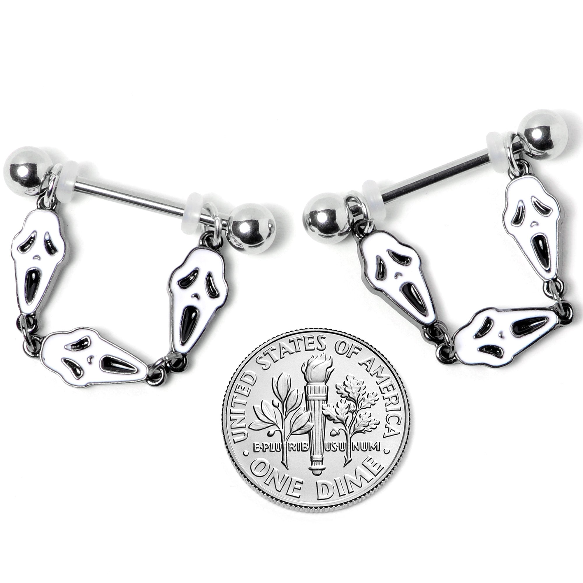 14G 9/16 Scary Screaming Ghost Halloween Dangle Nipple Ring Set