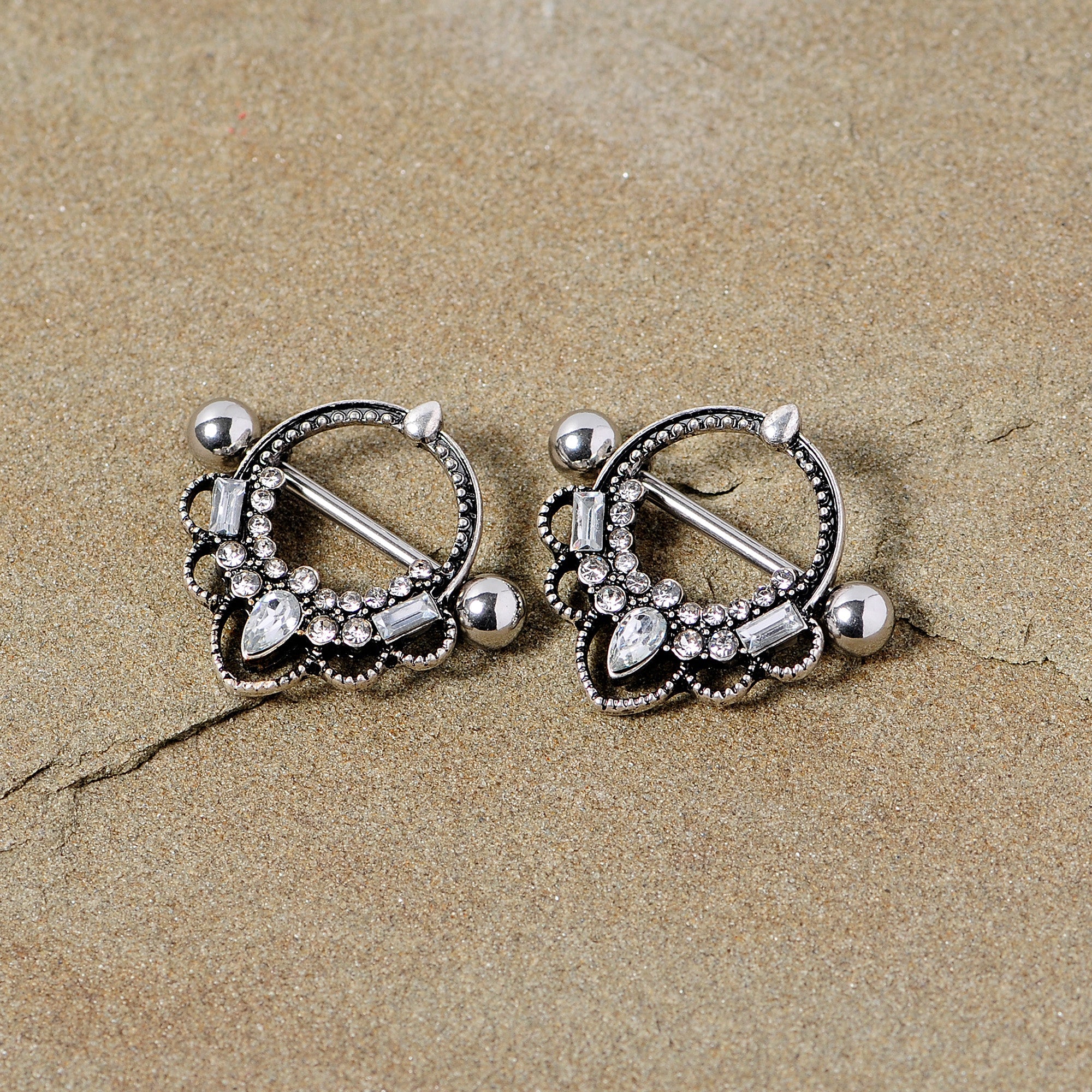 14G 5/8 Clear Gem Filigree Nipple Shield Set