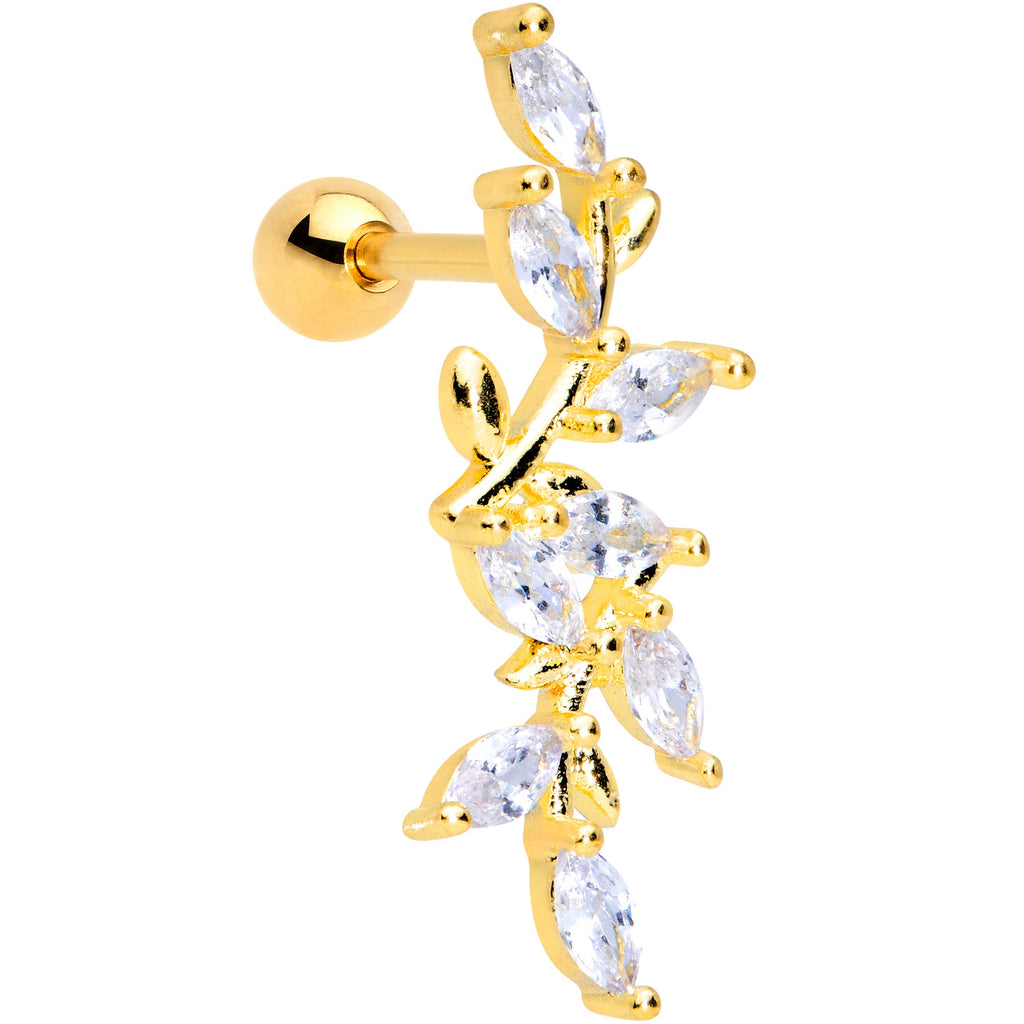 16G 1/4 Clear CZ Gem Gold Tone Trailing Vine Cartilage Tragus