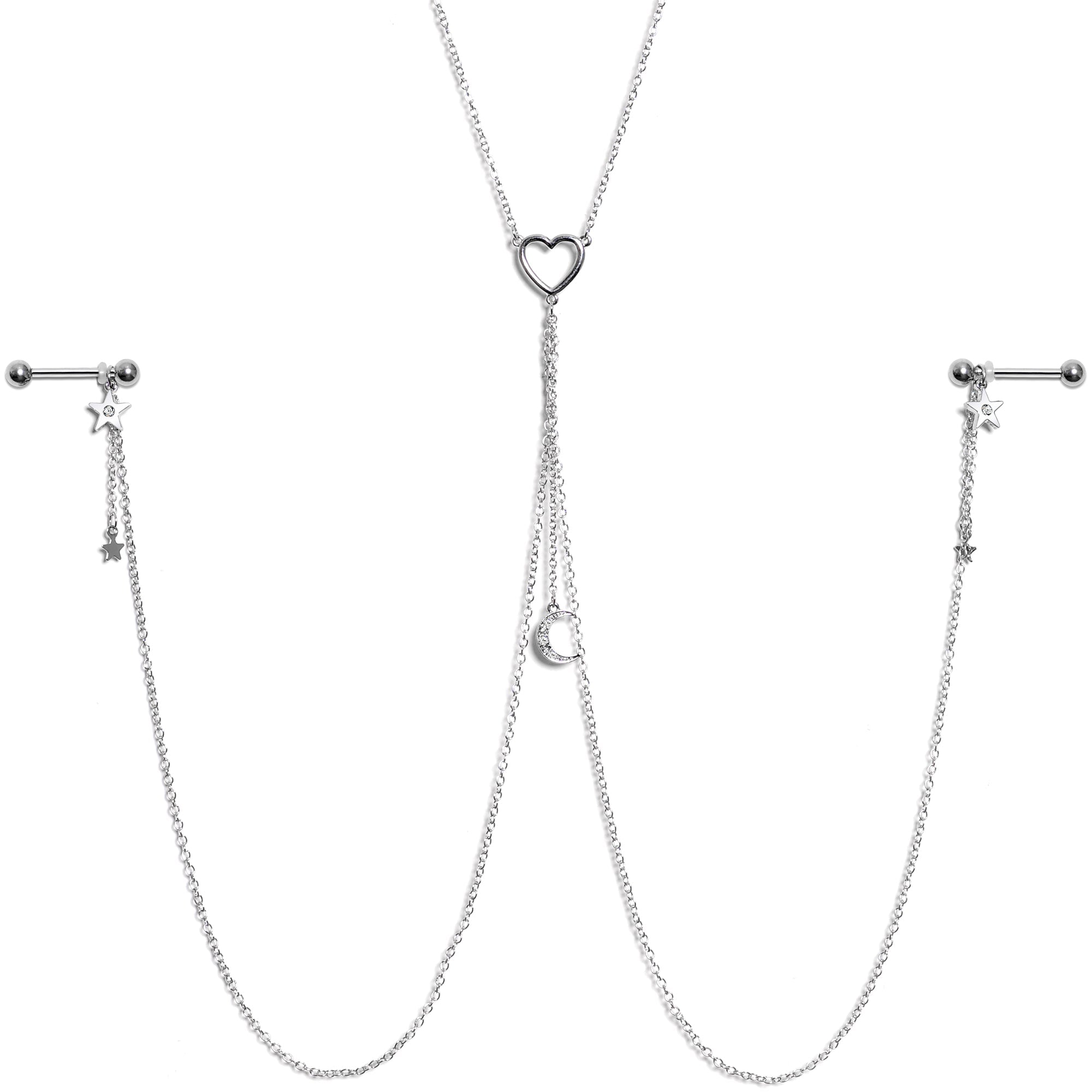 14G 5/8 Clear Gem Moon Heart Star Nipple Chain Necklace
