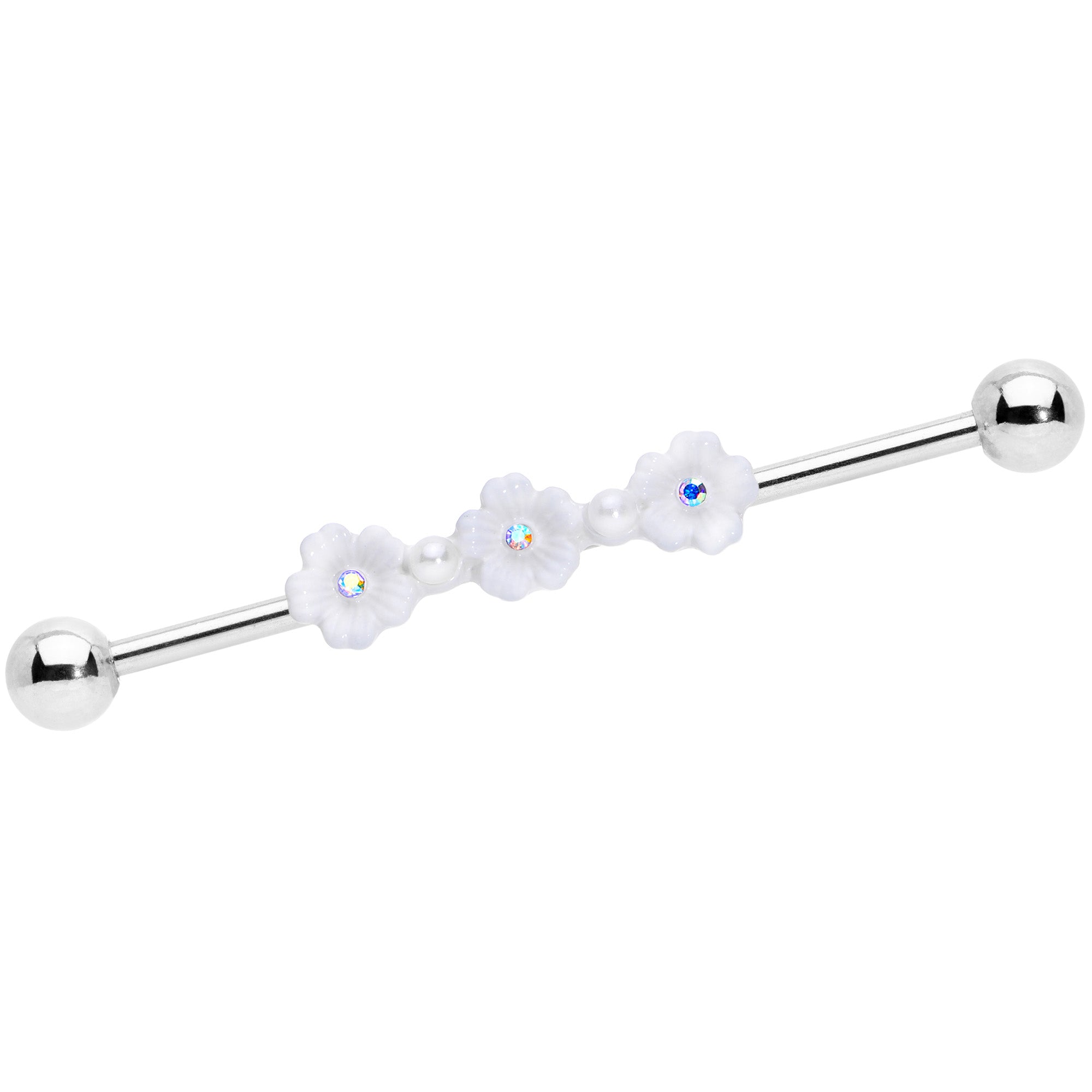 14G Aurora Gem White Flower Industrial Barbell 38mm