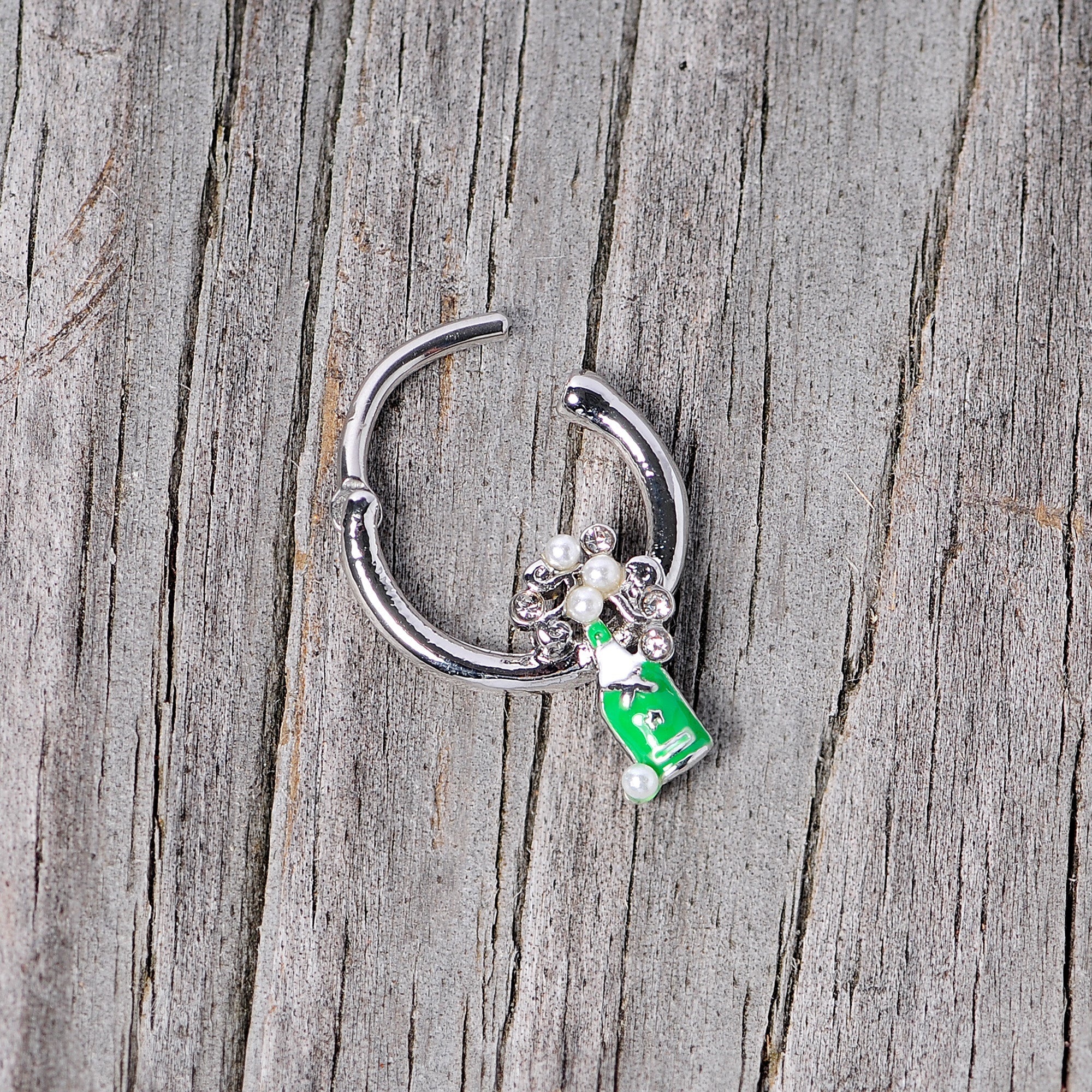 16G 3/8 Clear Gem Green Champagne Bottle Holiday Septum Clicker