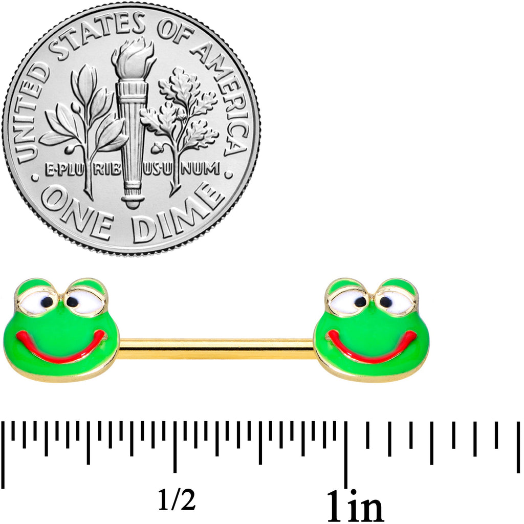14G 9/16 Gold Tone Green Goofy Frog Barbell Nipple Ring Set