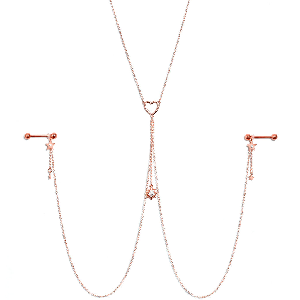 14G 5/8 Clear Gem Rose Gold Hue Star Sun Nipple Chain Necklace
