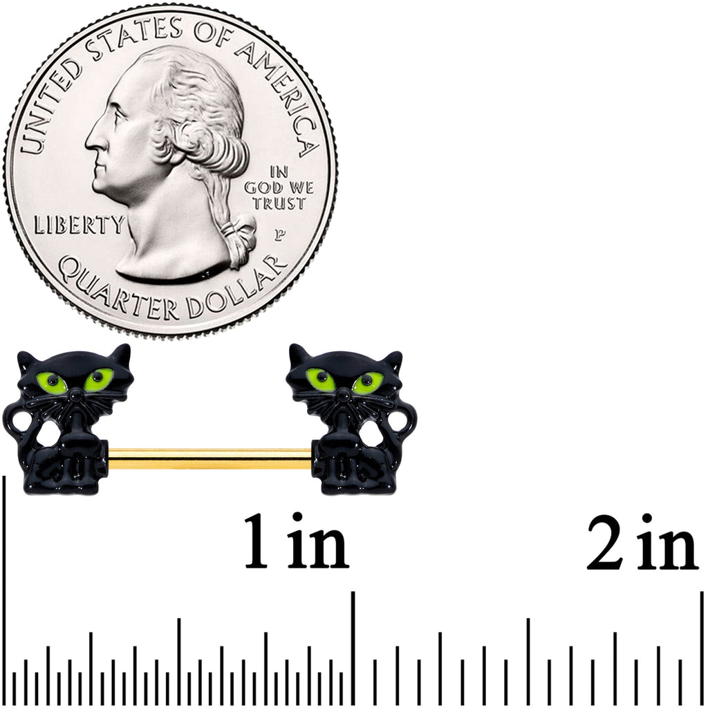 14G 9/16 Gold Tone Black Cat Halloween Barbell Nipple Ring Set