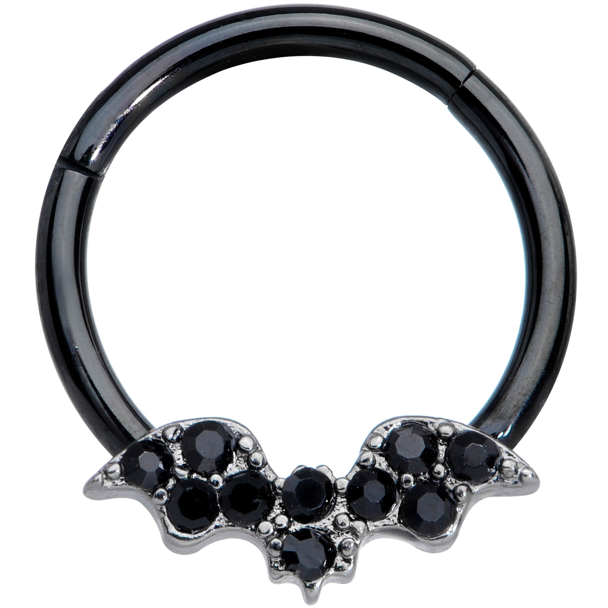 16G 3/8 Black Gem Black Plated Bat Hinged Segment Ring