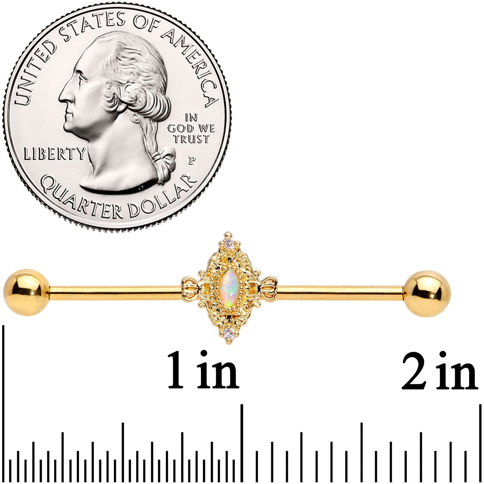 14G White Synthetic Opal Gold Tone Oval Industrial Barbell 38mm