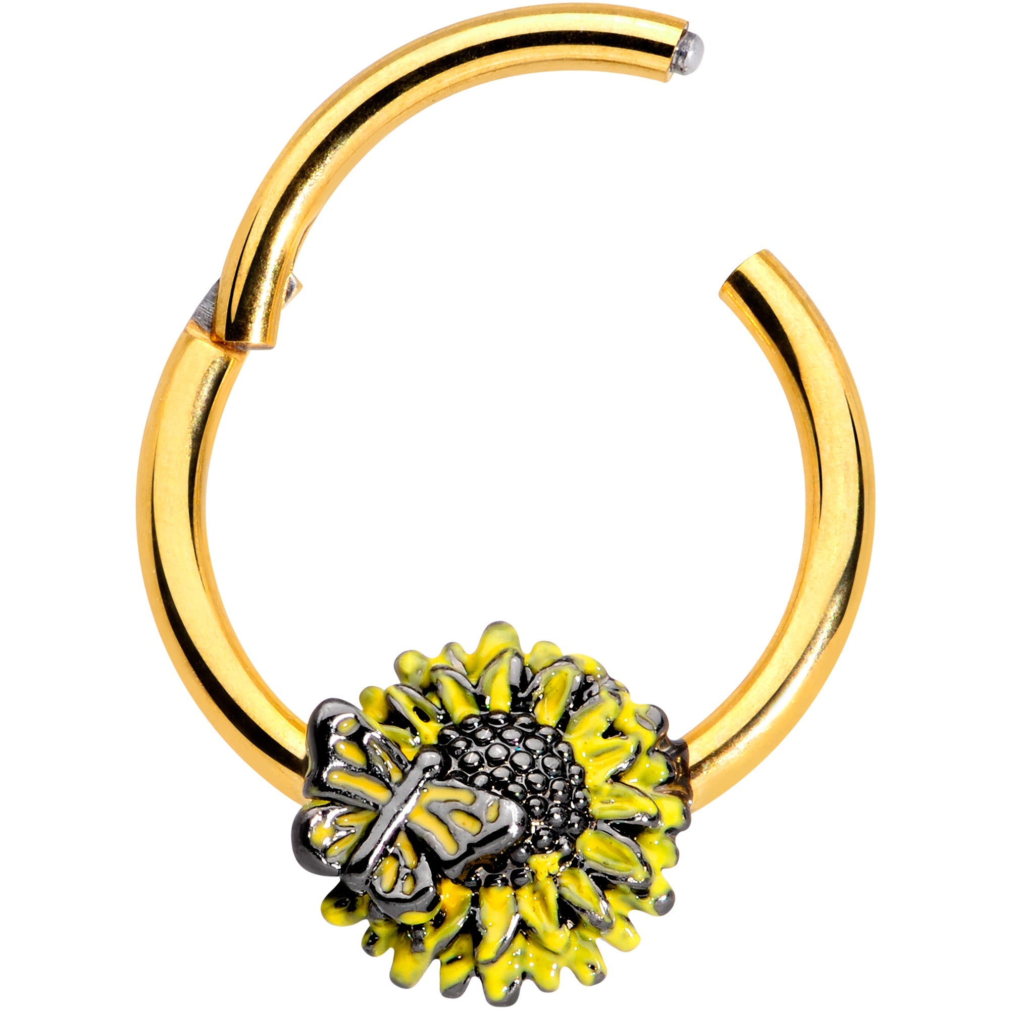 16G 3/8 Gold Tone Sunflower Butterfly Hinged Segment Ring