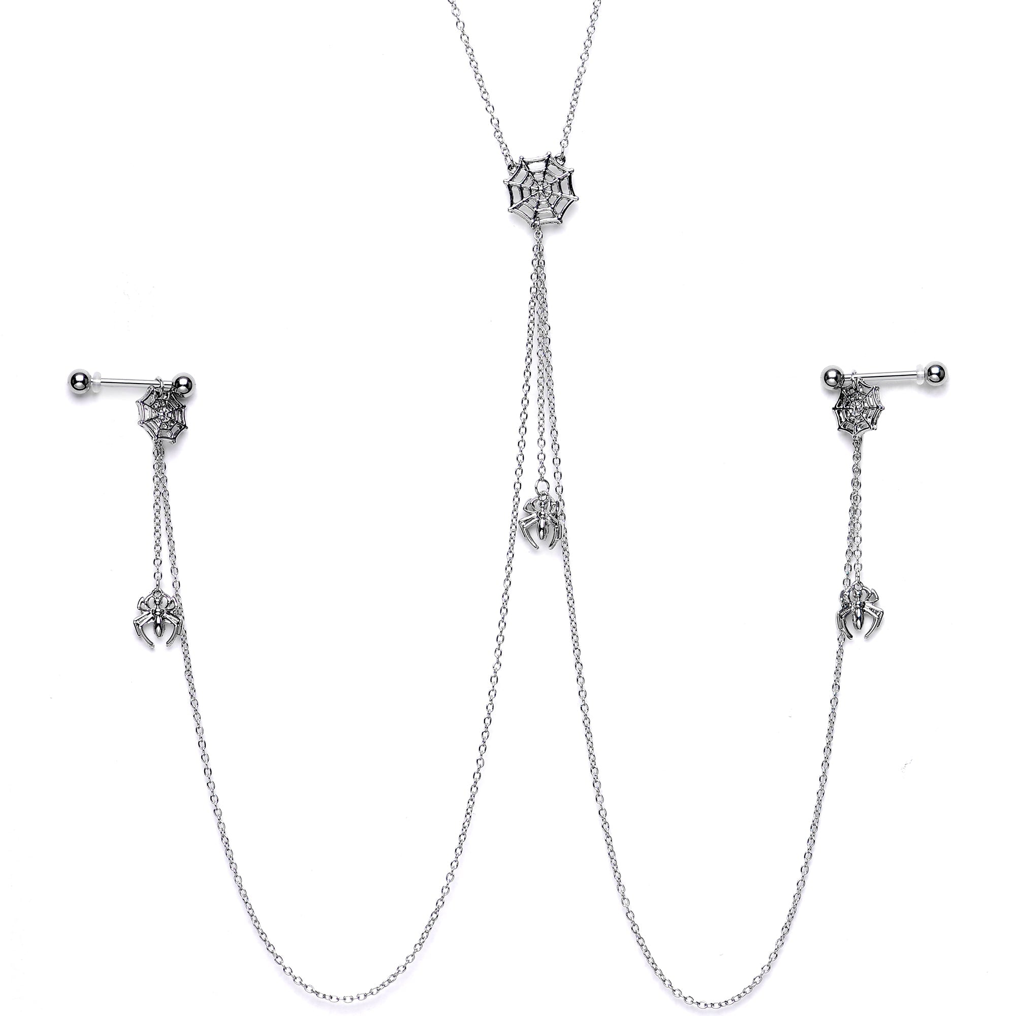 14G 9/16 Creepy Crawly Spider Web Halloween Nipple Chain Necklace
