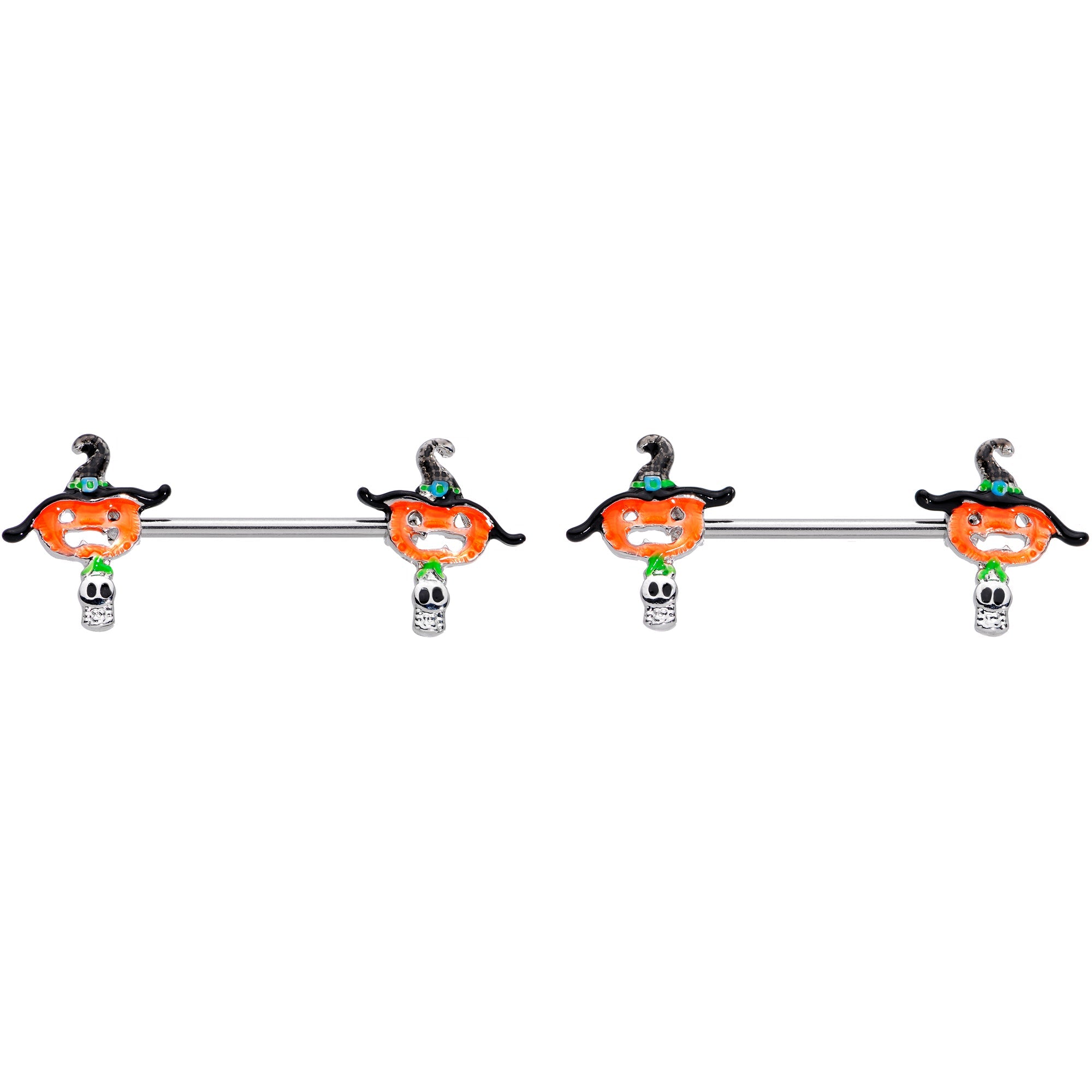 14G 9/16 Pumpkin Witch Ghost Halloween Barbell Nipple Ring Set
