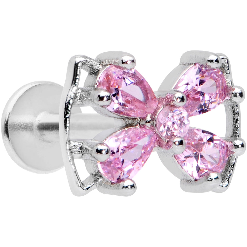 16G 5/16 Pink CZ Gem Beauty Bow Labret Monroe Tragus