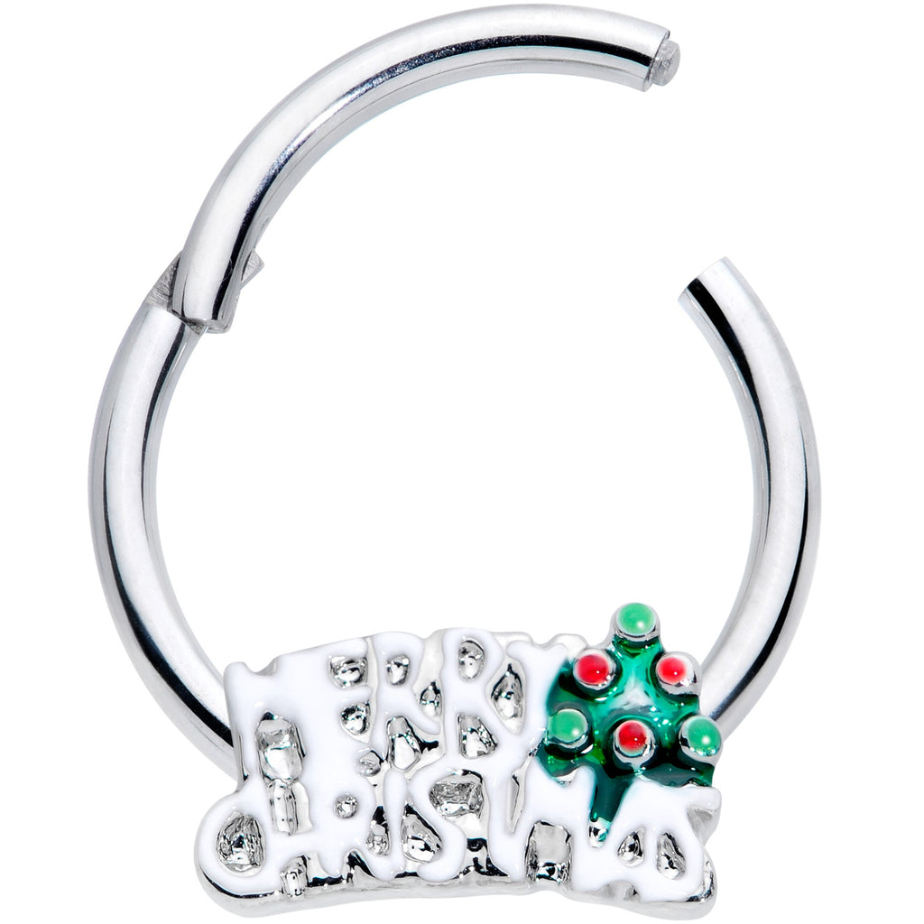 16G 3/8 Green Red Gem White Merry Christmas Hinged Segment Ring