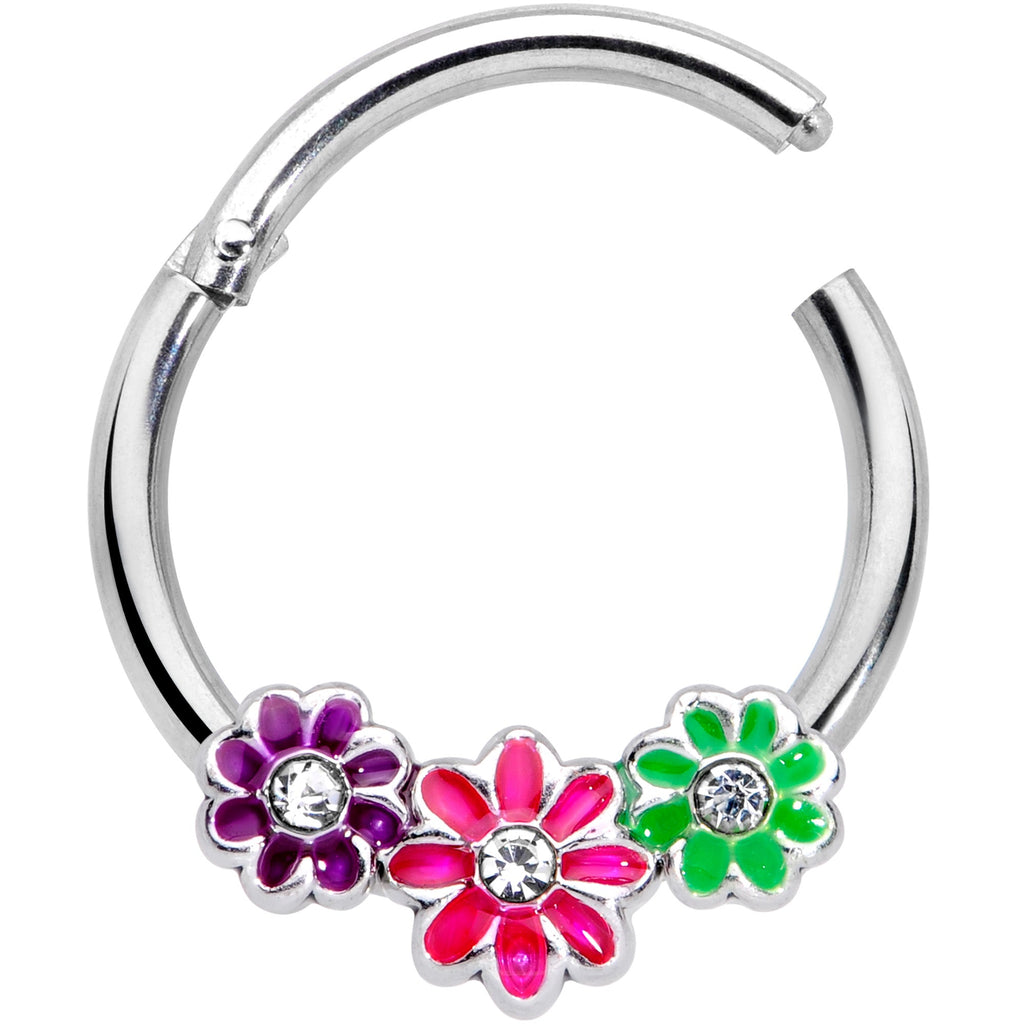 16G 3/8 Clear Gem Floral Garland Hinged Segment Ring