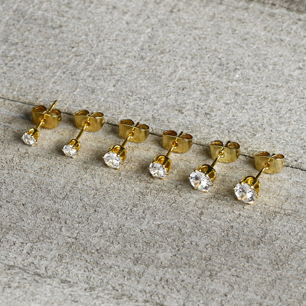 20G Clear CZ Gem Gold Tone 3mm to 5mm Post Stud Earring Set of 3