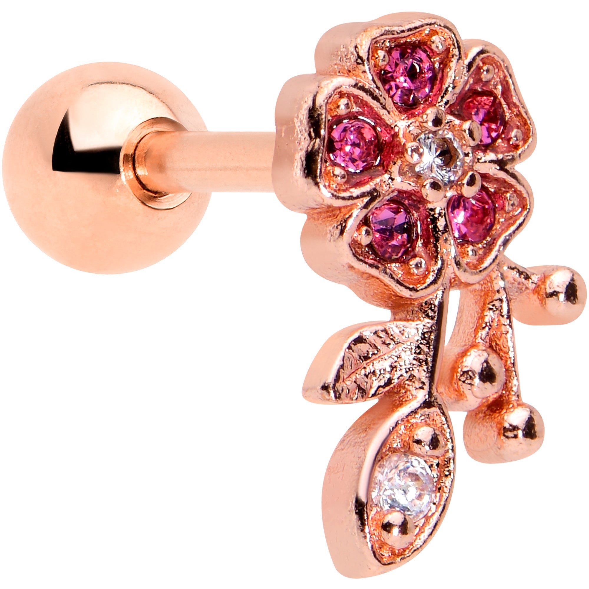16G 1/4 Pink Gem Rose Gold Tone Heart Flower Cartilage Tragus