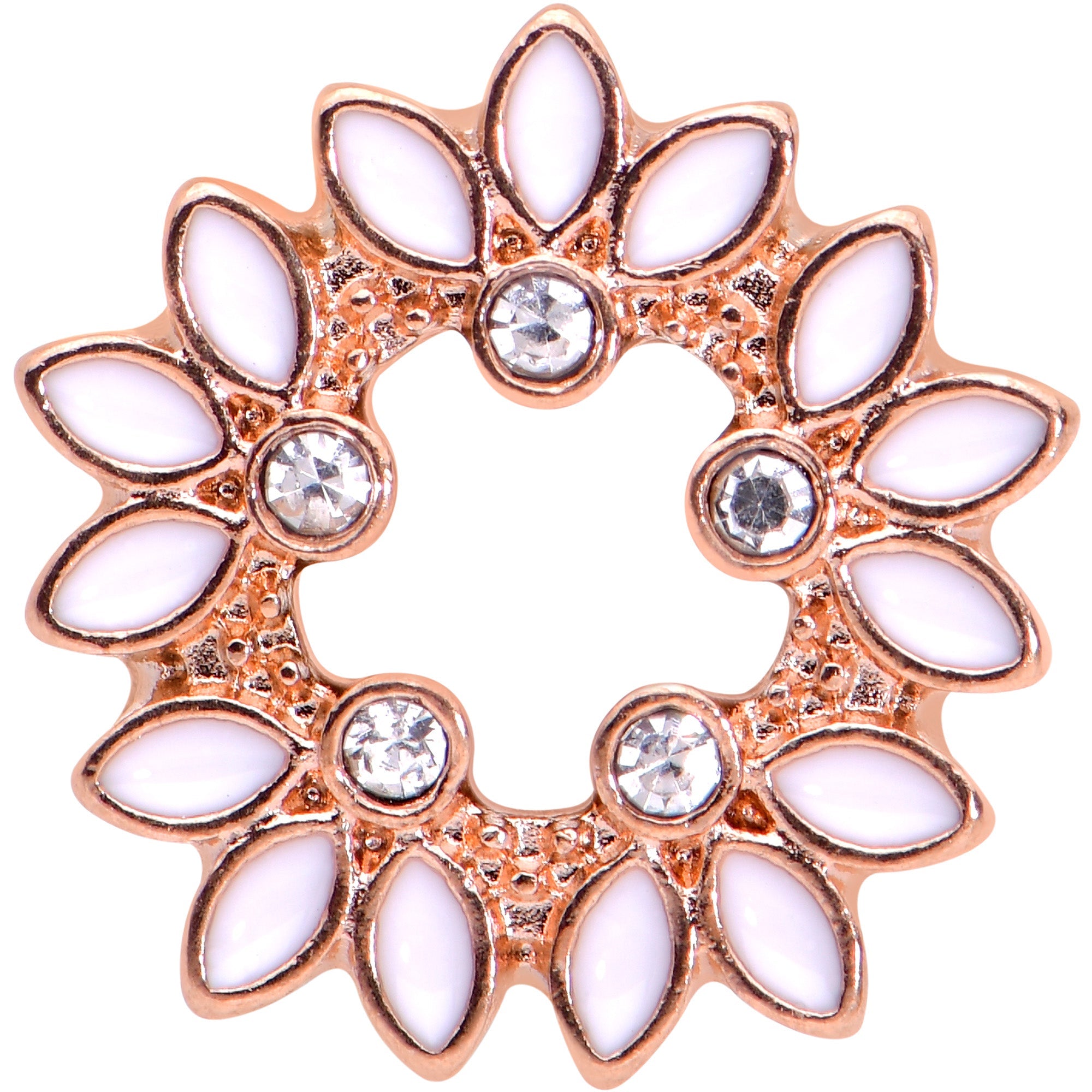 2G Clear Gem Rose Gold Hue White Leaves Screw Fit Tunnel Plug Set