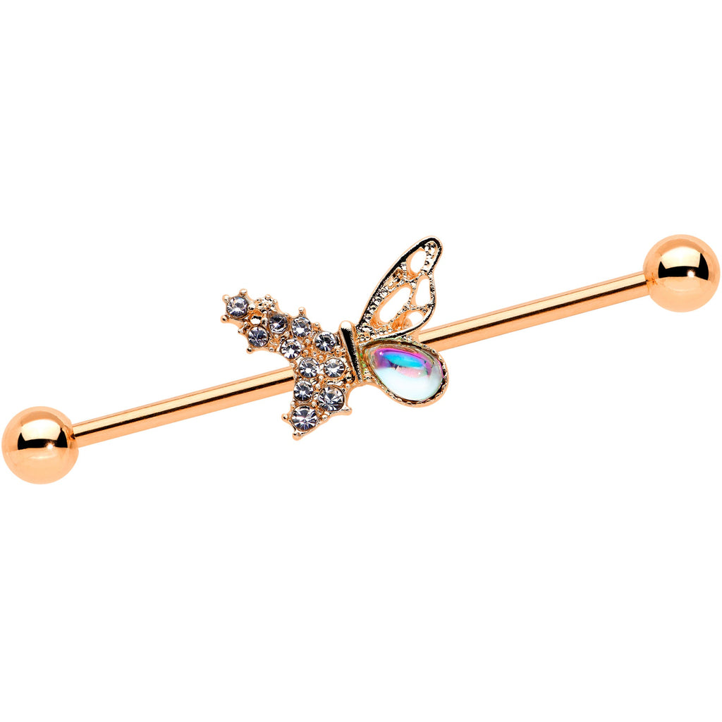 14G Jeweled Rose Gold Tone Fancy Butterfly Industrial Barbell 38mm