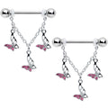 14G 9/16 Pink Gem Open Butterfly Chain Dangle Nipple Ring Set
