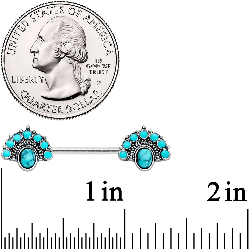 14G 9/16 Blue Turquoise Southwest Shield Barbell Nipple Ring Set