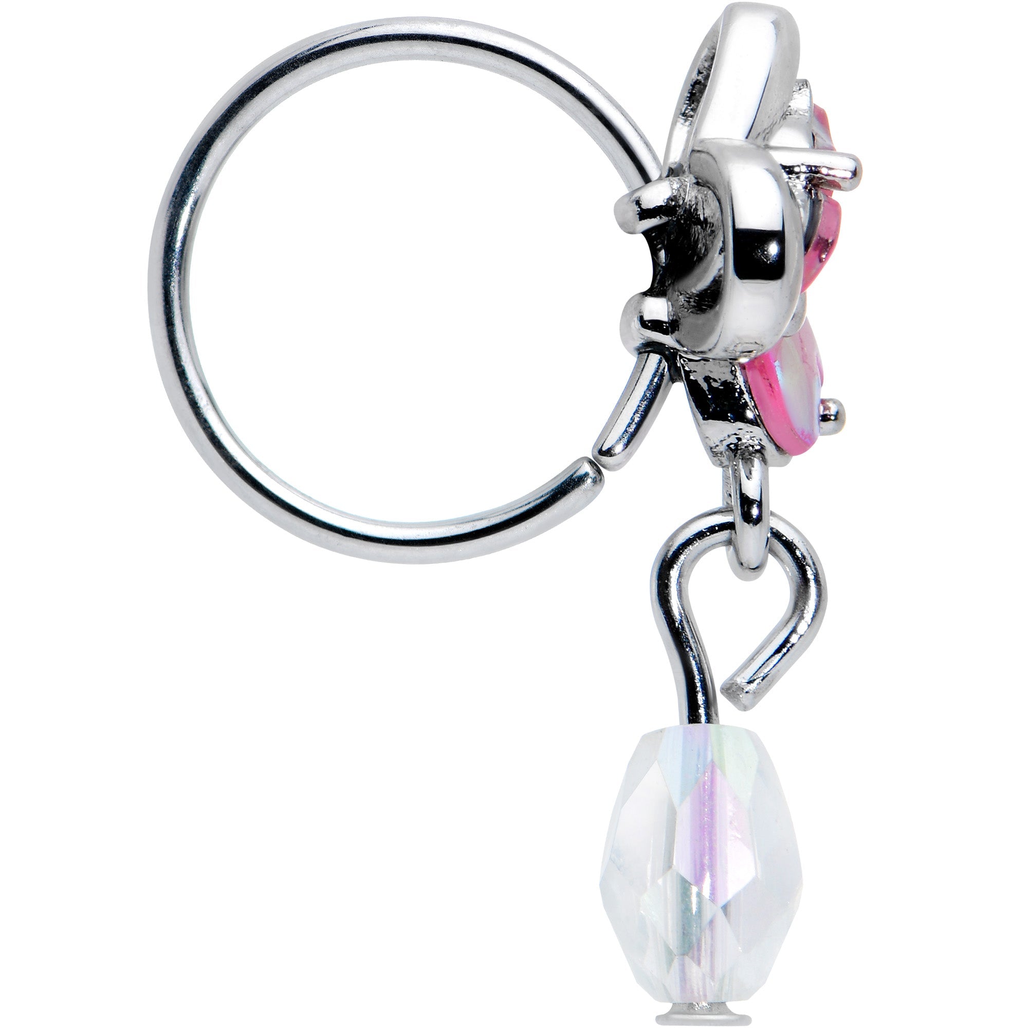 20G 5/16 Heart Pink Butterfly Clear Dangle Nose Hoop