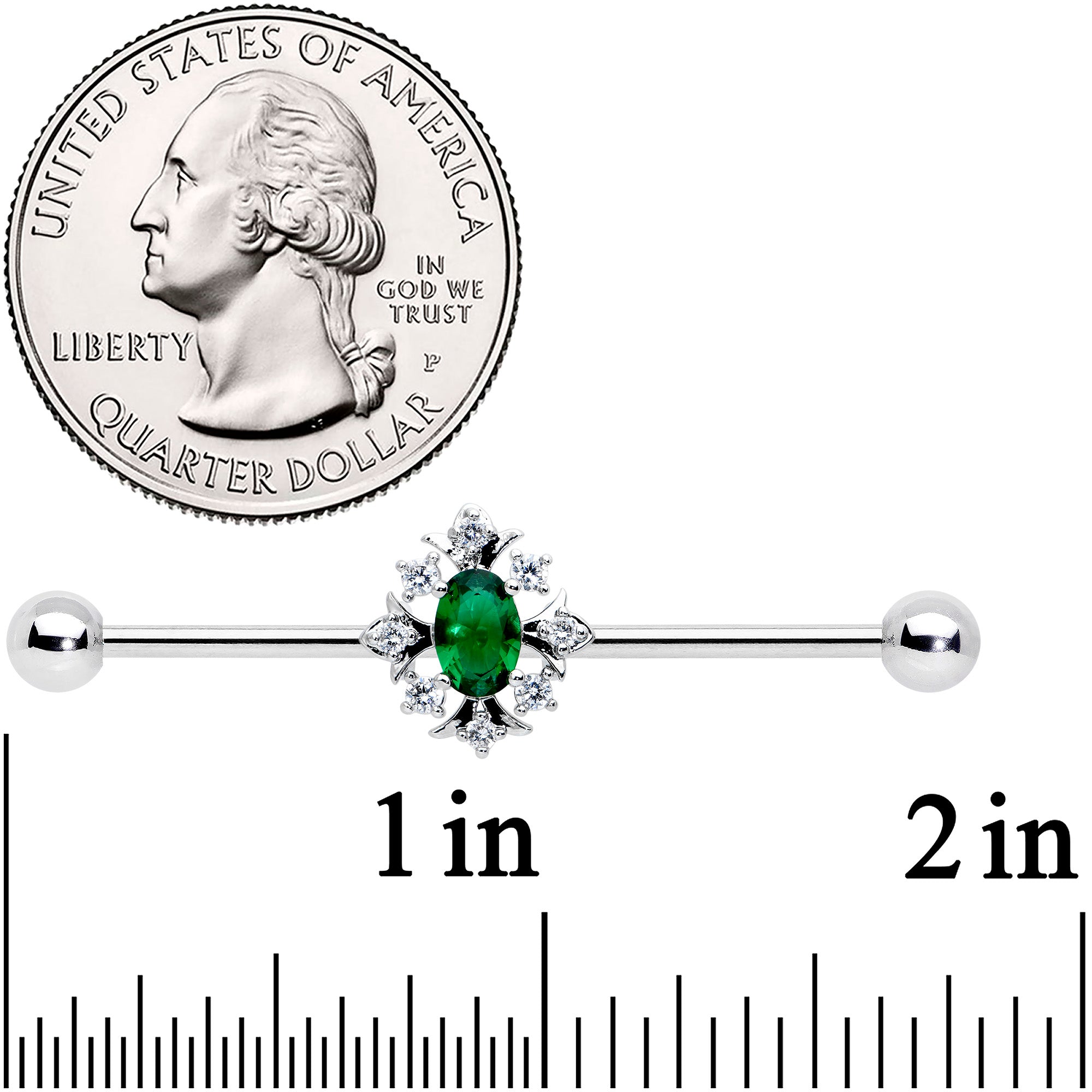 14G Clear Green Gem Ornate Art Deco Industrial Barbell 38mm