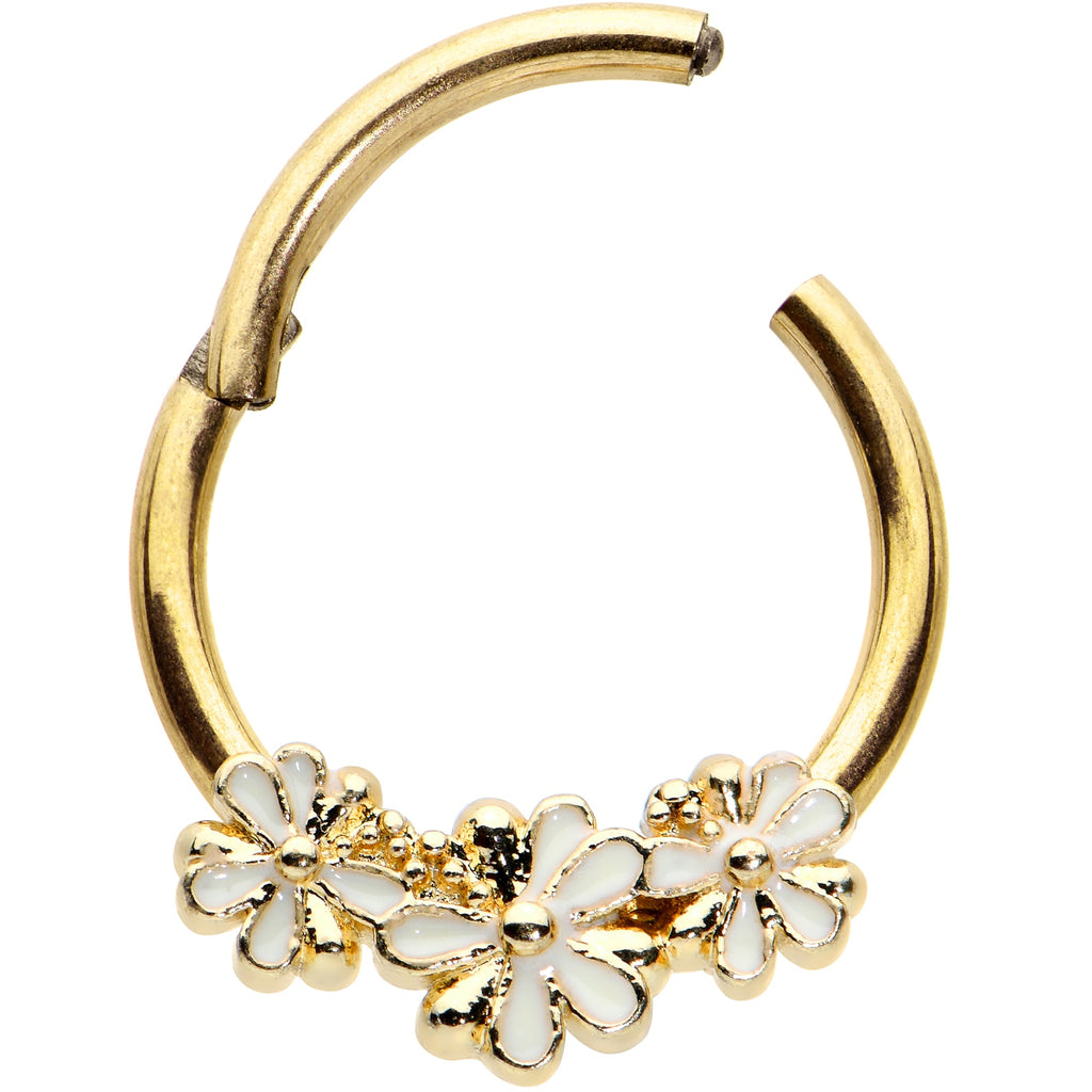 16G 3/8 Gold Tone White Texture Daisy Flower Hinged Segment Ring