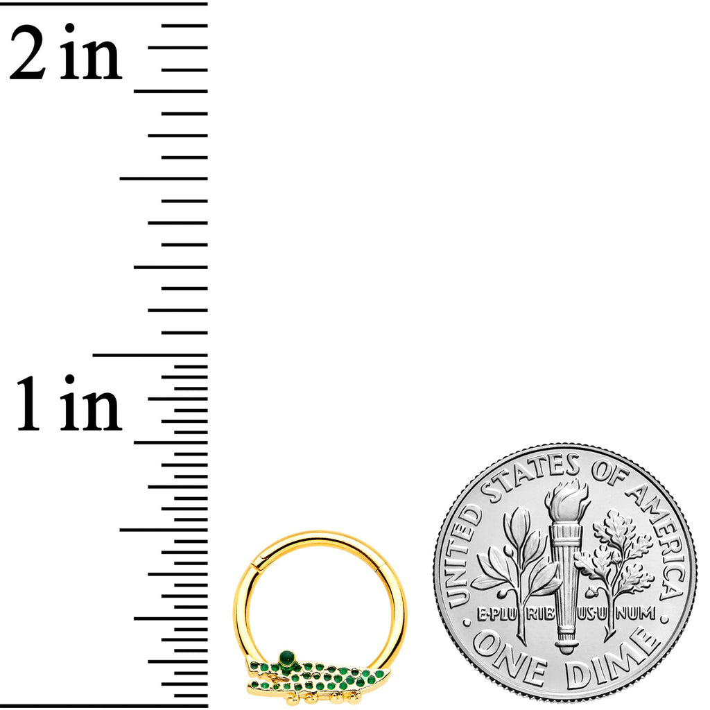 16G 3/8 Gold Tone Hungry Green Alligator Hinged Segment Ring
