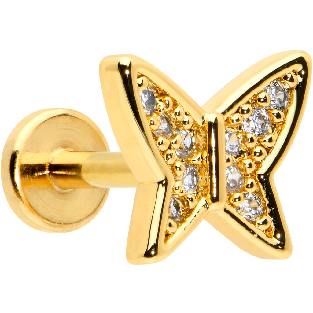 16G 1/4 CZ Gem Gold Hue Butterfly Internal Thread Labret Tragus
