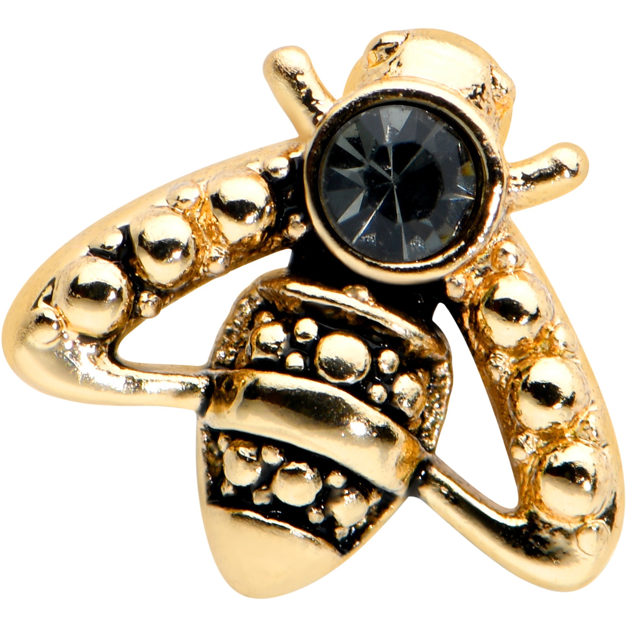 20G 1/4 Black Gem Gold Tone Angular Bee Nose Bone
