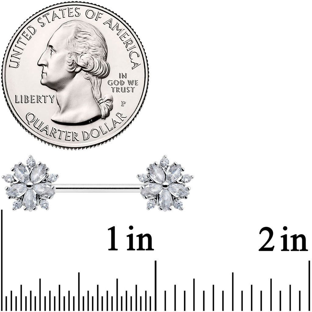 14G 9/16 Clear CZ Gem Floral Burst Barbell Nipple Ring Set