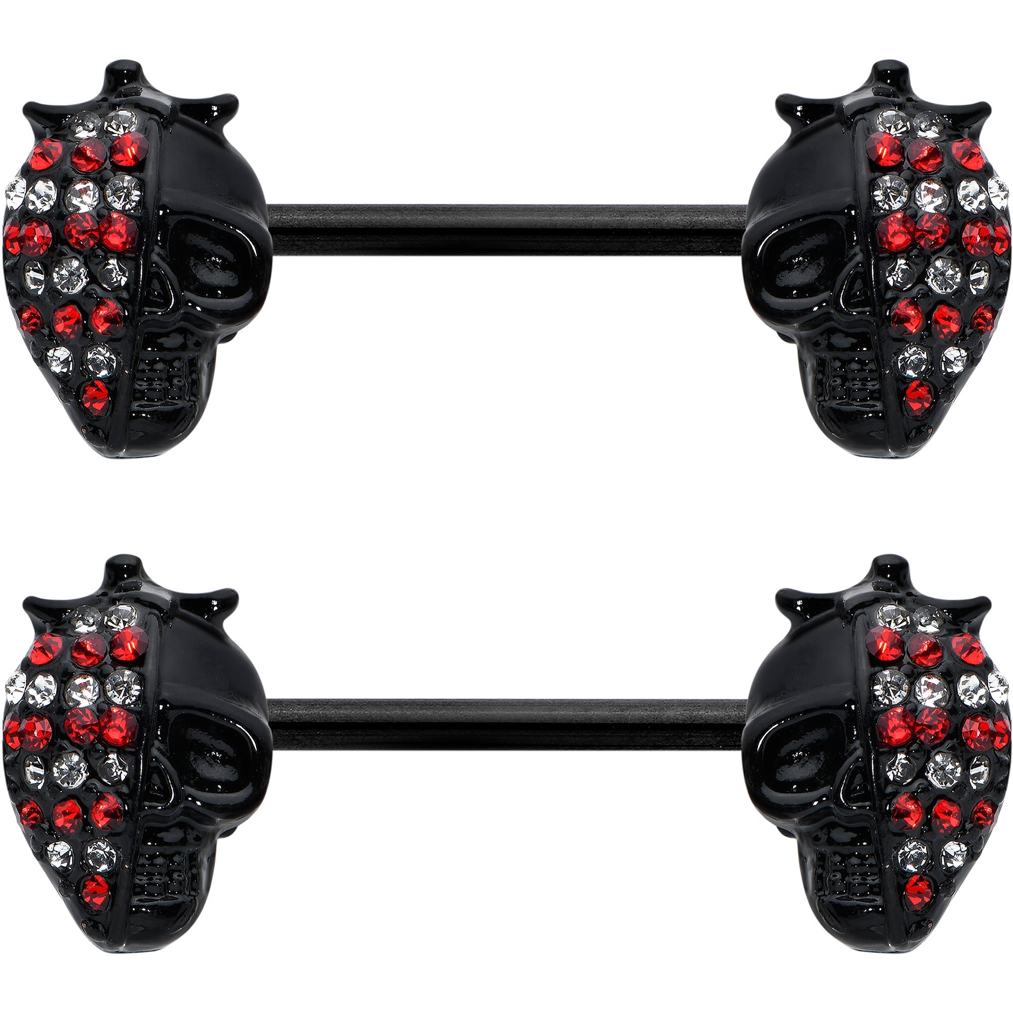 14G 9/16 Red Gem Black Skull Halloween Barbell Nipple Ring Set