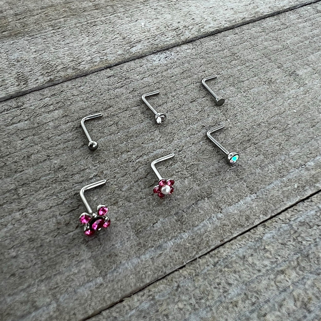 20G 1/4 Aurora Pink CZ Gem Flower L Shape Nose Ring Set of 6