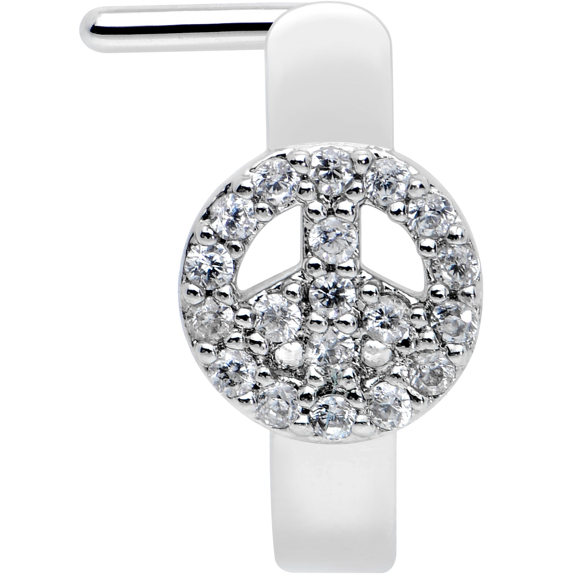 20G 1/4 Clear Gem Retro Peace Sign Faux Hoop L Shape Nose Ring