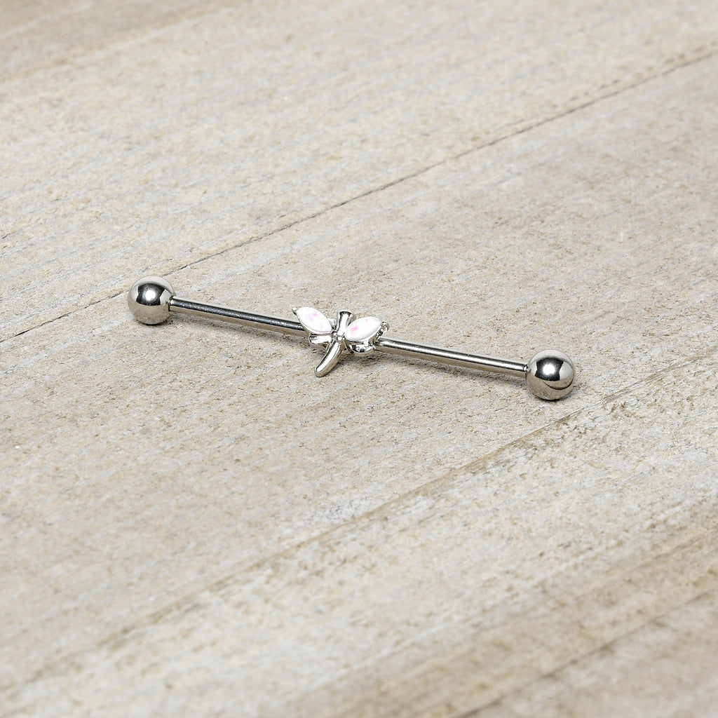 14G White Faux Opal Simple Style Dragonfly Industrial Barbell 38mm