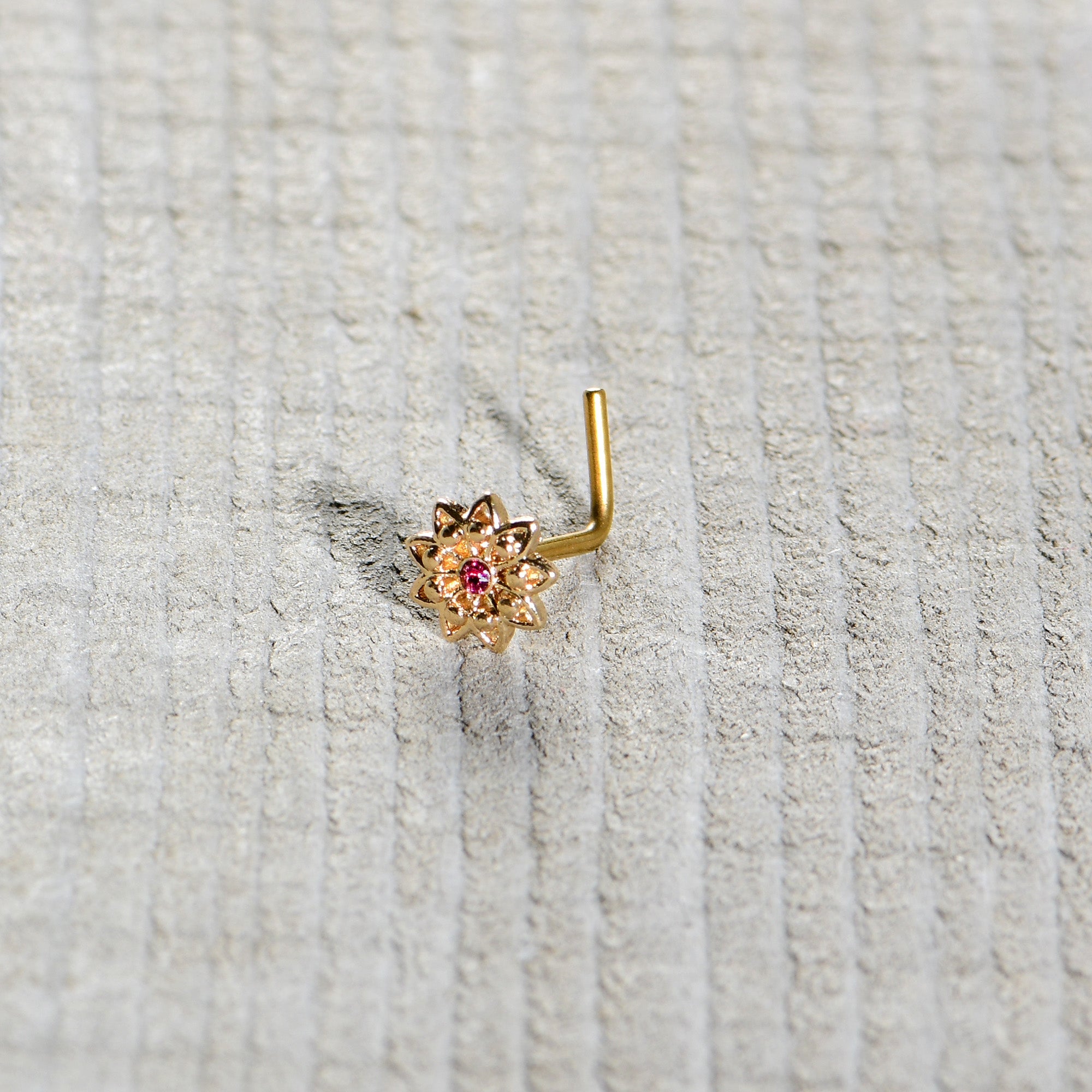 20G 7mm Pink Gem Gold Tone Starry Flower L Shape Nose Ring