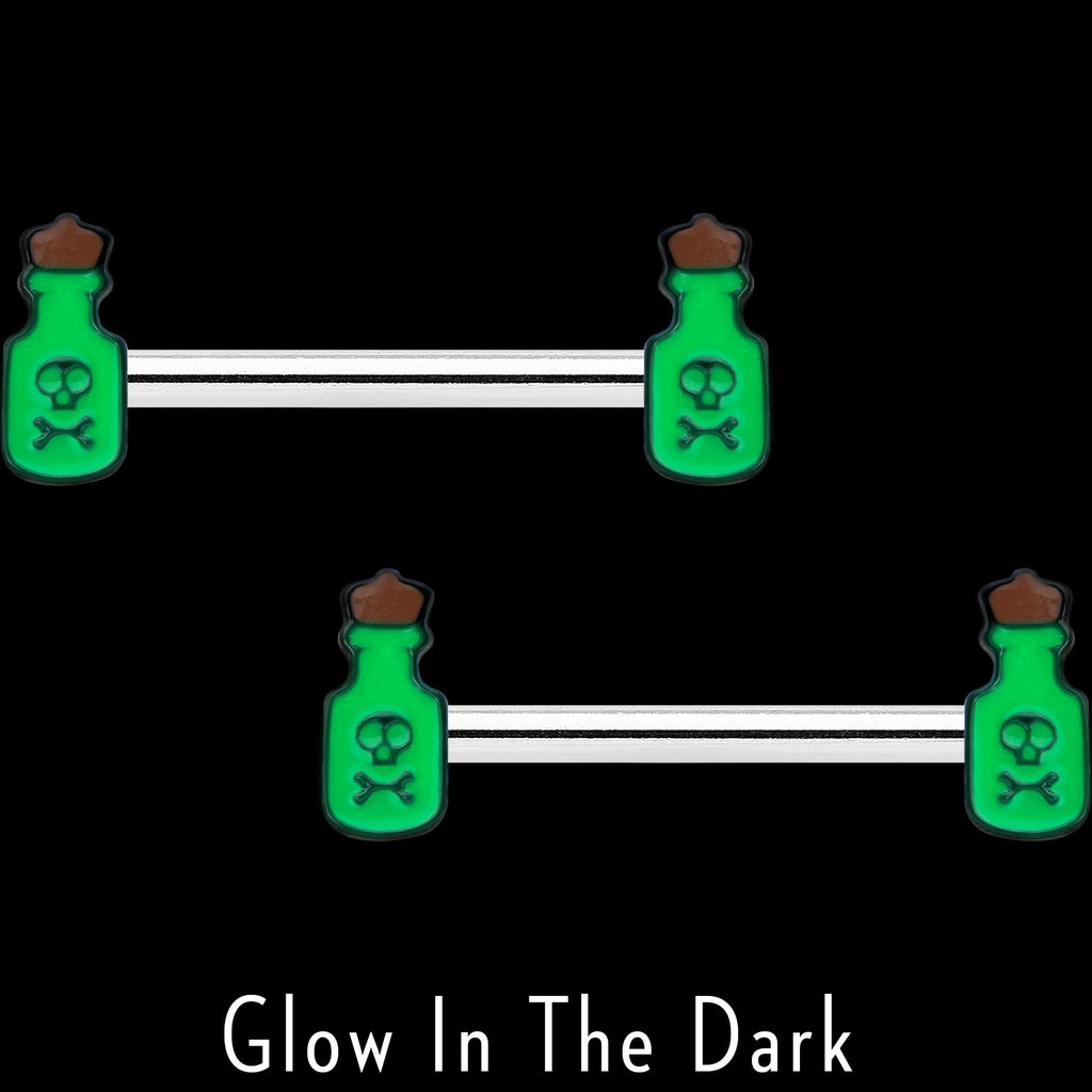 14G 9/16 Poison Green Bottle Glow in Dark Barbell Nipple Ring Set