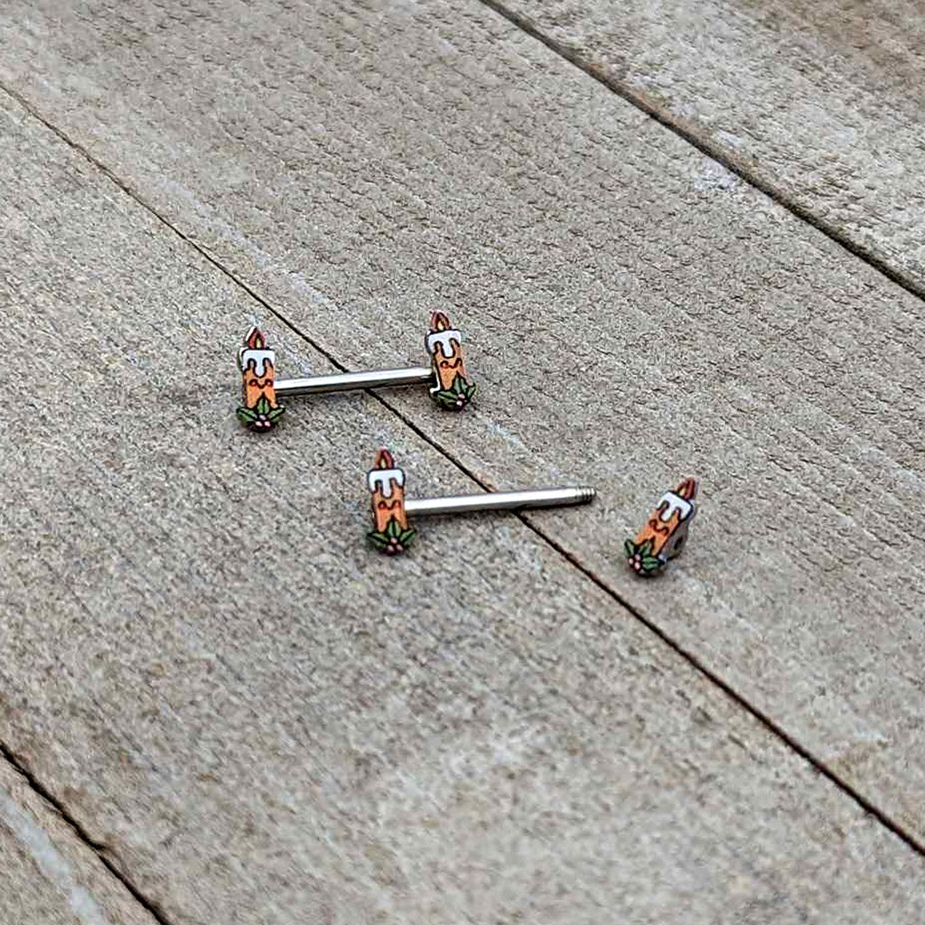 14G 9/16 Sweet Holiday Christmas Candle Barbell Nipple Ring Set
