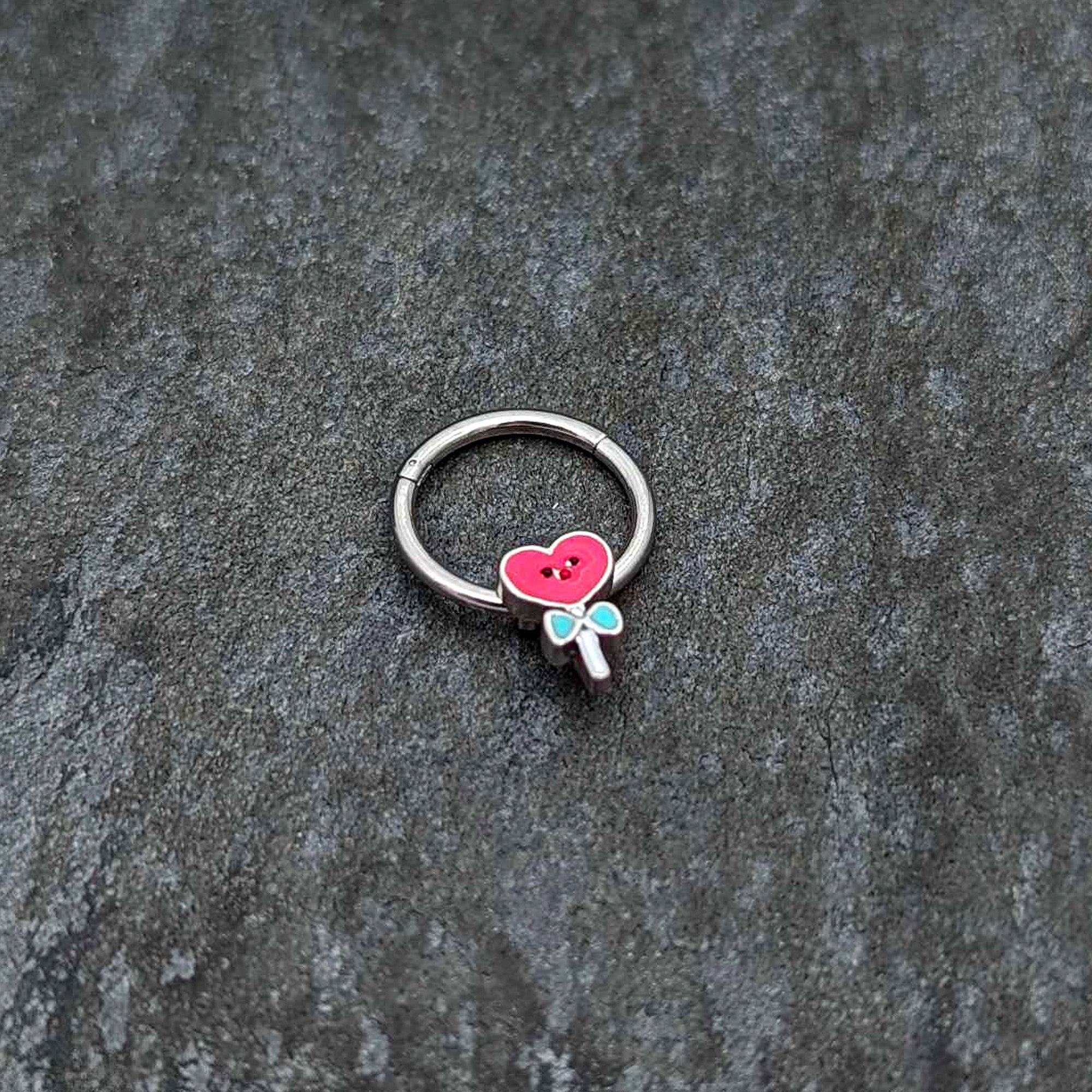 16G 3/8 Sweet Happy Heart Lollipop Hinged Segment Ring