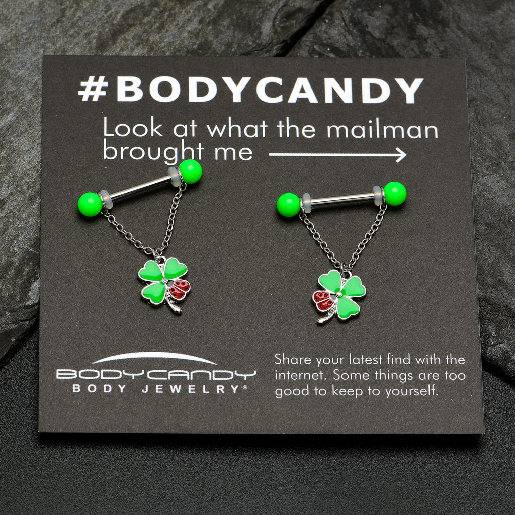 14G 11/16 Ladybug Shamrock UV Glow Chain Dangle Nipple Ring Set