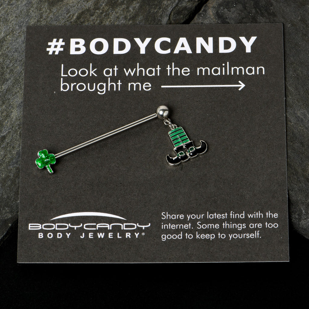 14G Leprechaun Legs Shamrock Dangle Industrial Barbell 38mm