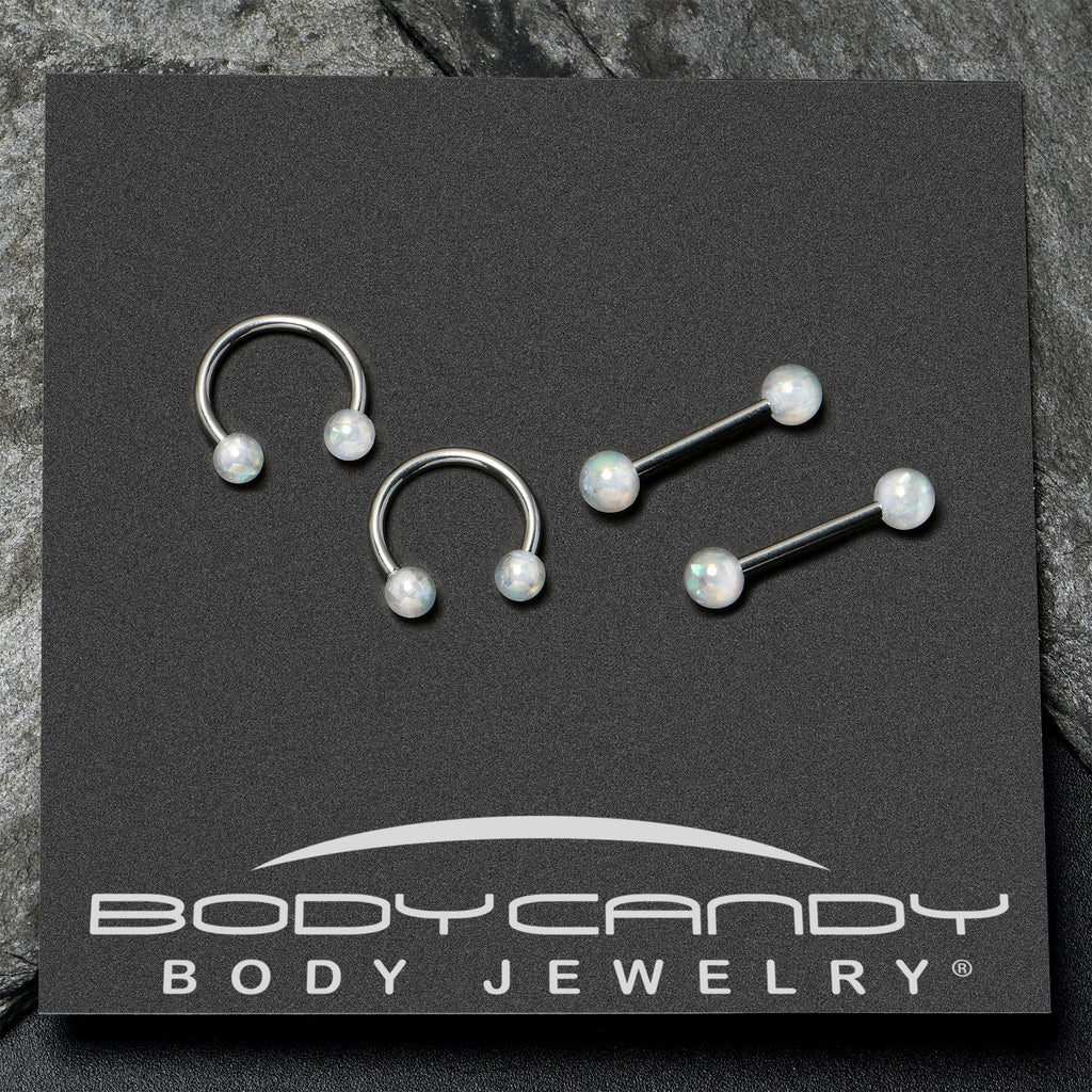 14G 9/16 White Faux Opal Horseshoe Barbell Nipple Ring Set of 4